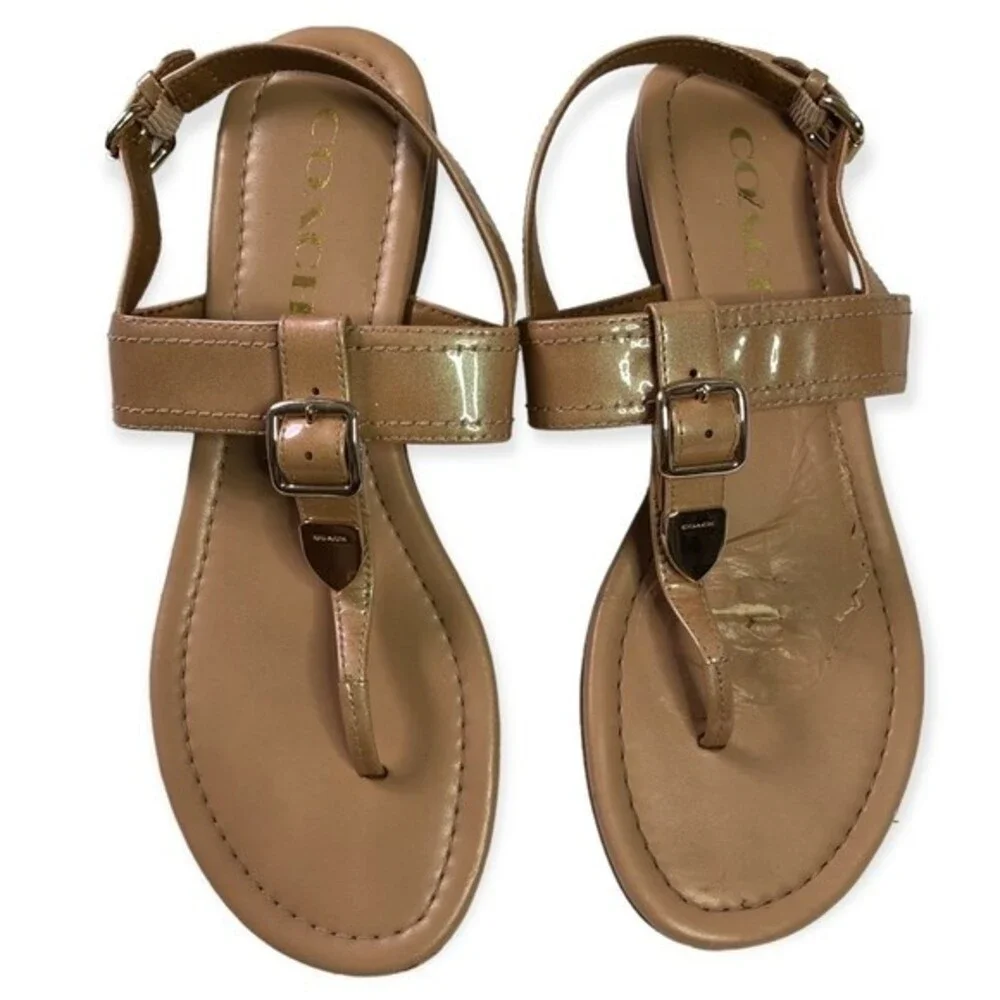 Coach Cassidy Patent Leather Iridescent Pearl Nude Flat Sandals